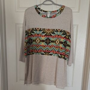 Honeyme Beige Aztec Print 3/4 Length Sleeve Top Size Large Southwest Design
